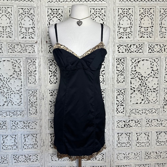Vintage Guess Jeans Leopard Print Corset Style Black Sleeveless Mini Dress Sz M - Picture 1 of 8